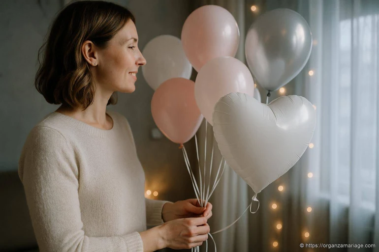 Femme souriante tenant ballons pastel