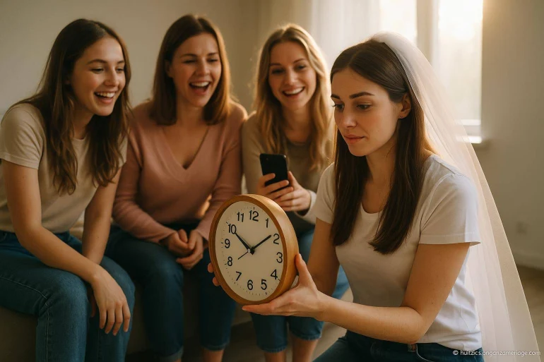 Femme en voile tenant horloge avec amies