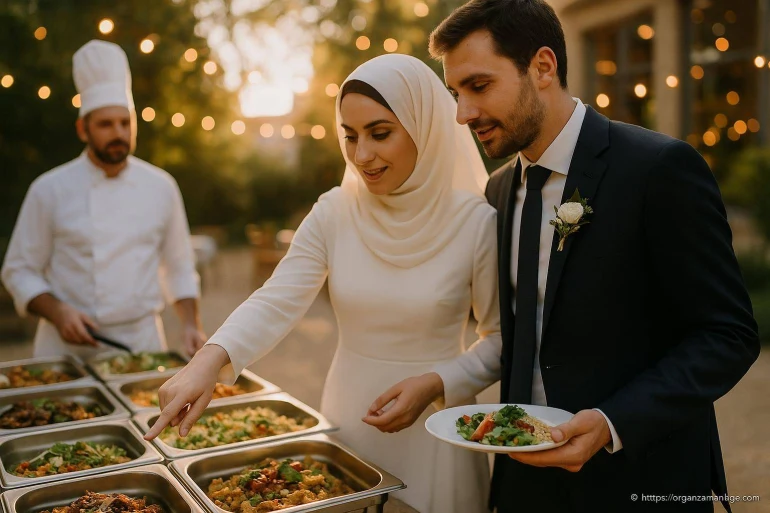 Couple choisissant des plats lors d'un buffet