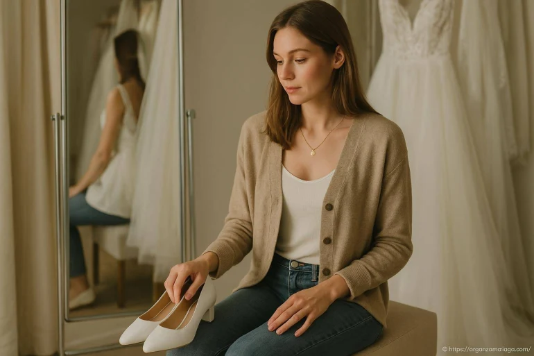 Femme tenant chaussures blanches cérémonie