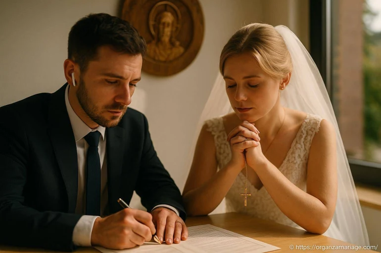 Mariés signant contrat de mariage religieux