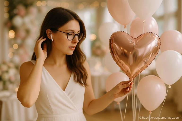 Femme tenant ballon coeur metallise