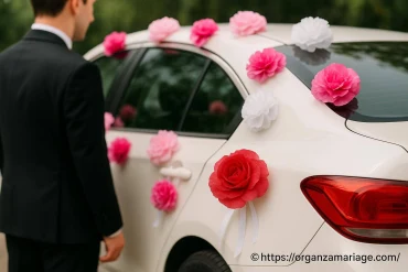 Fleurs en papier crépon pour décorer une voiture de mariage : idées et conseils