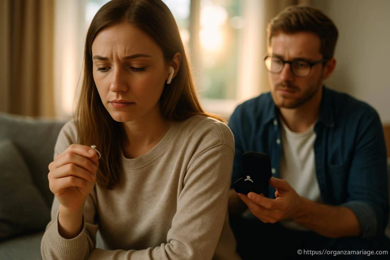 Femme hésitante tenant une bague de fiançailles