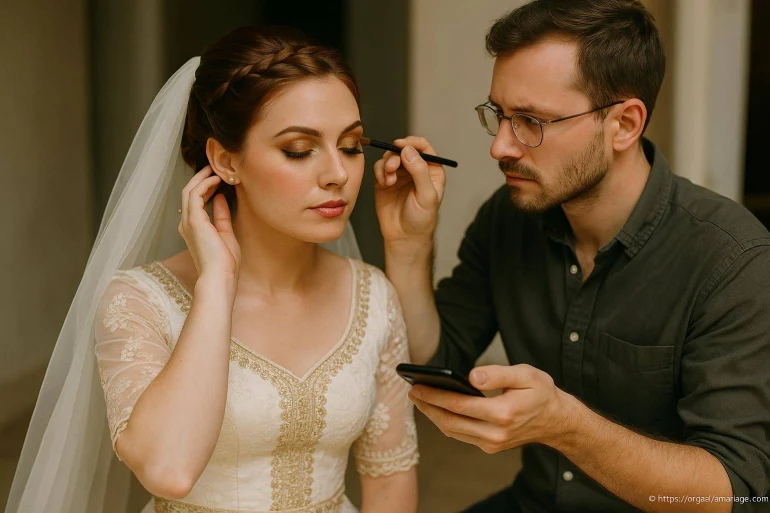 Maquilleur appliquant du maquillage à une mariée