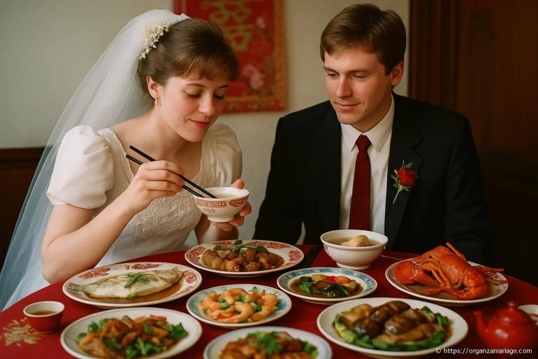 Couple marié dégustant un repas asiatique