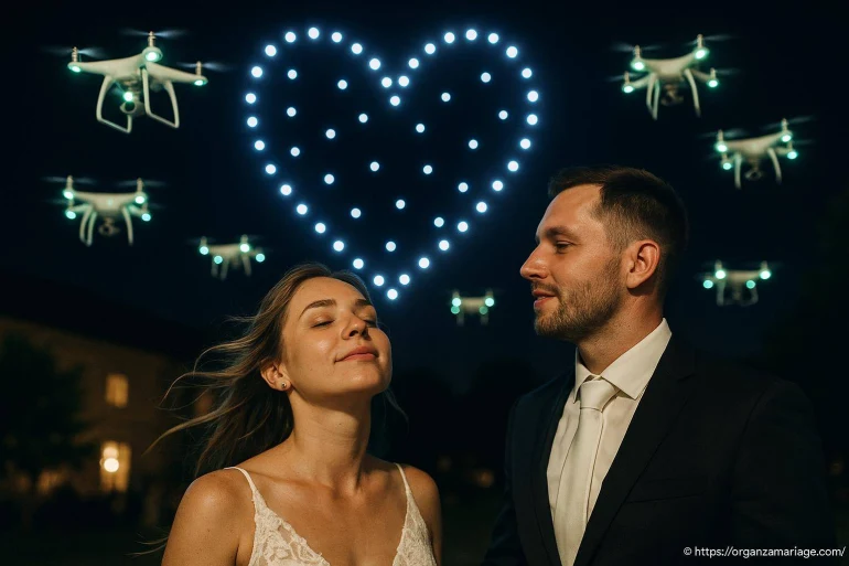 Couple devant un cœur lumineux de drones