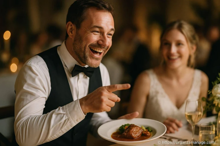 Homme souriant présentant un plat gastronomique