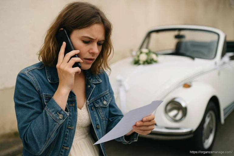 Femme inquiète au téléphone devant voiture mariage