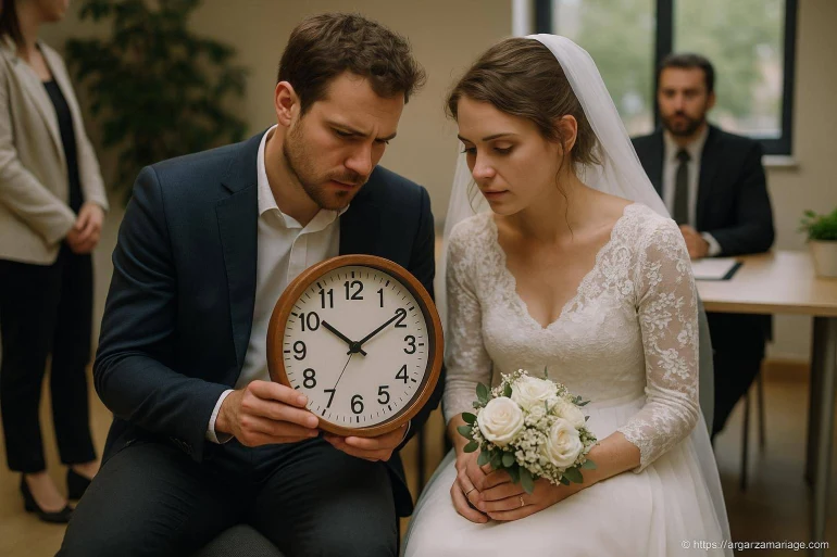Couple de mariés anxieux avec horloge