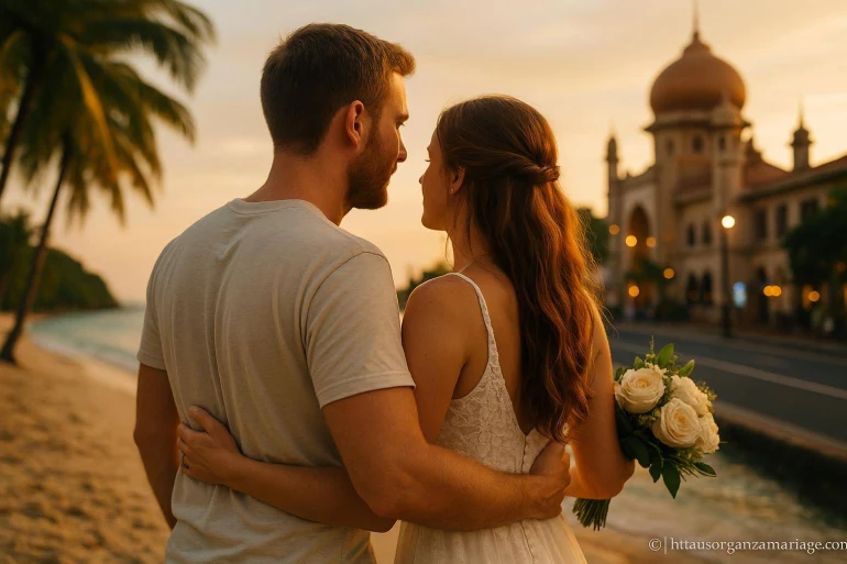 Couple amoureux sur plage au coucher du soleil