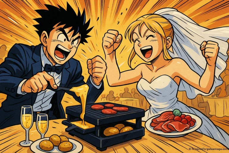 Mariés anime cuisinant raclette joyeux
