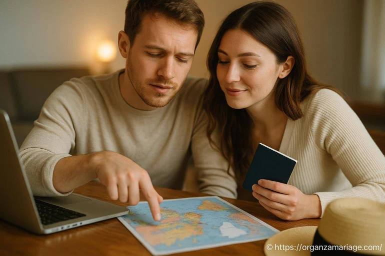 Couple préparant voyage avec carte et passeport