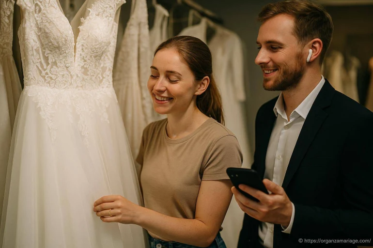 Couple choisissant une robe de mariée