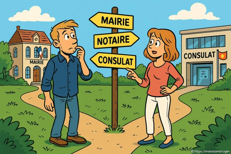 Personnes devant panneaux mairie notaire consulat