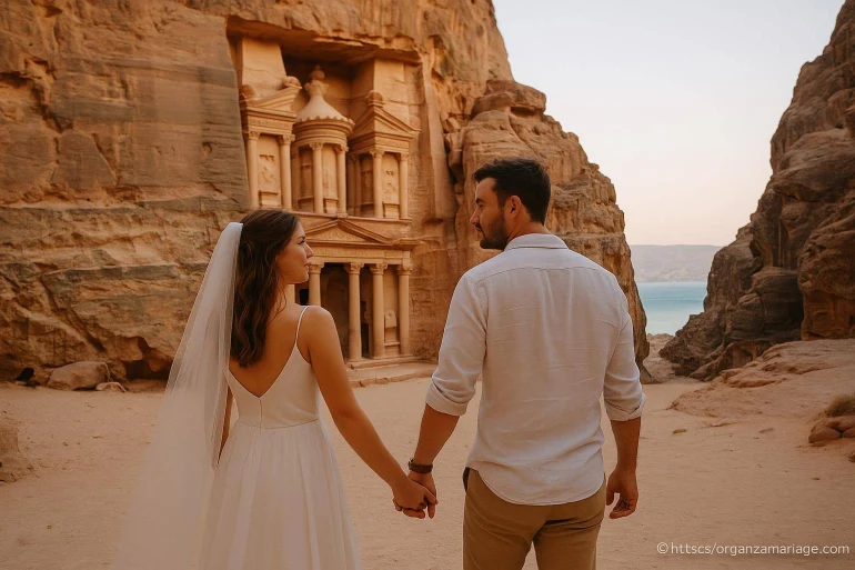 Couple en tenue de mariage à Petra Jordanie