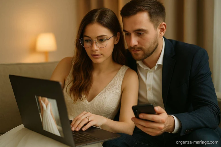 Couple consultant une robe de mariée en ligne