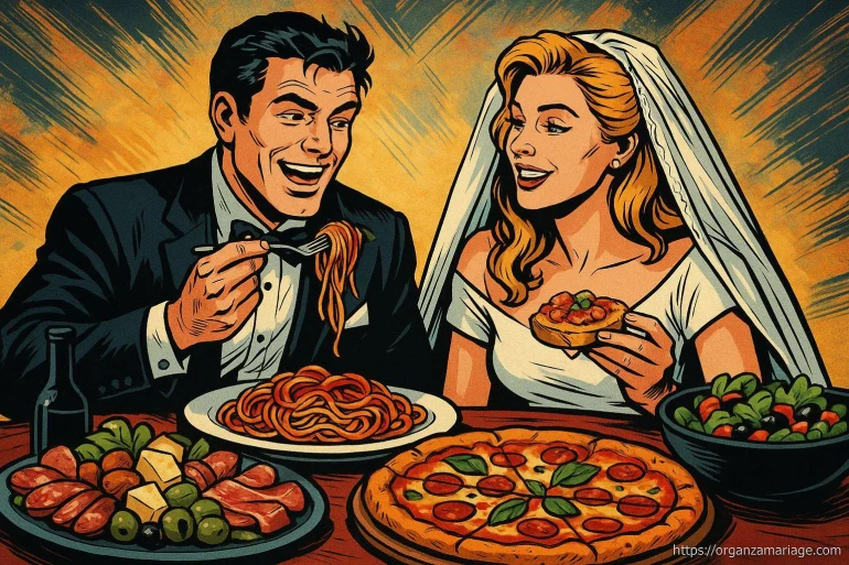 Mariés dégustant un repas italien festif