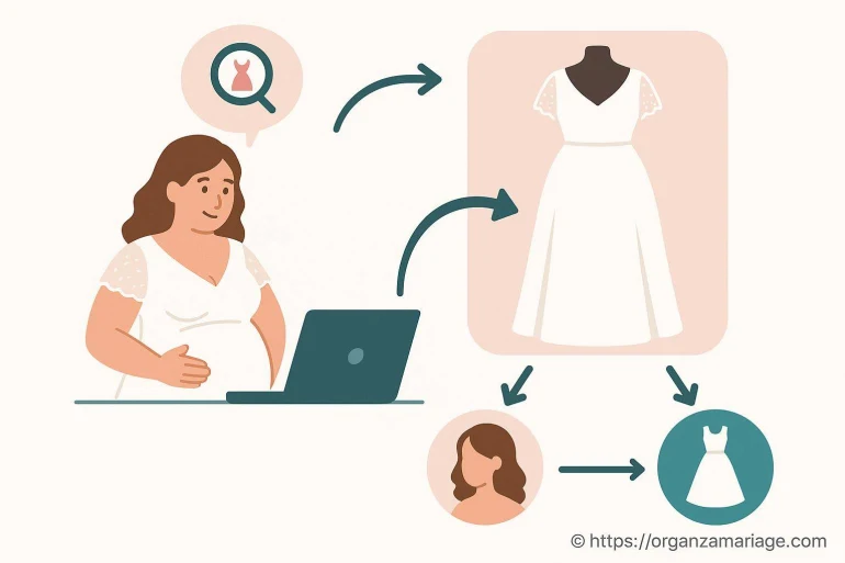 Femme enceinte choisissant robe de mariage en ligne