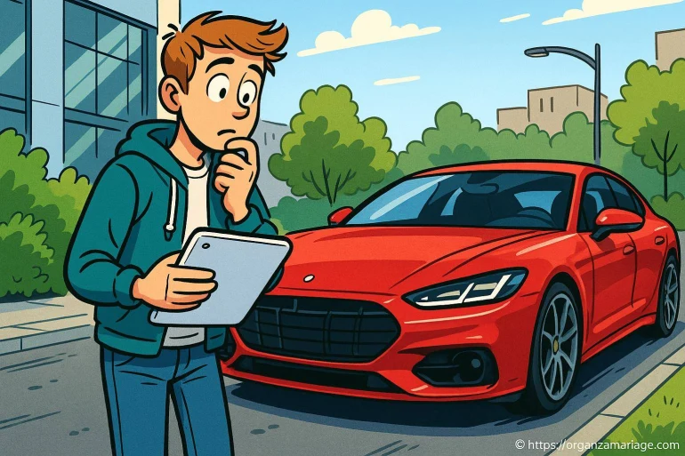 Jeune homme réfléchissant devant une voiture rouge