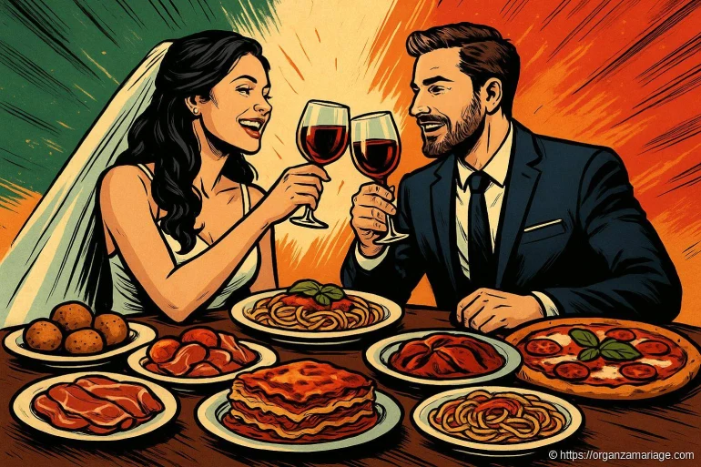 Mariés trinquant autour d un repas italien
