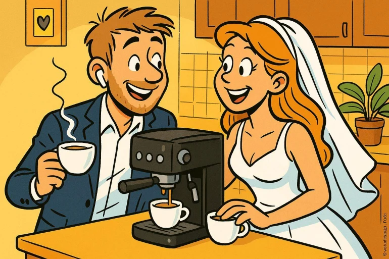 Mariés préparant du café ensemble