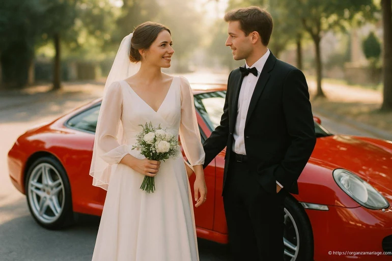 Couple de mariés devant voiture rouge