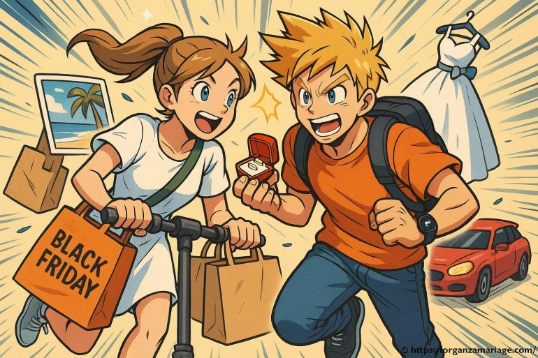 Jeune couple animé shopping Black Friday