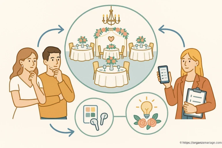 Couple planifiant mariage avec organisatrice