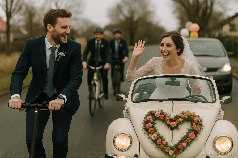 Mariés joyeux en voiture et trottinette