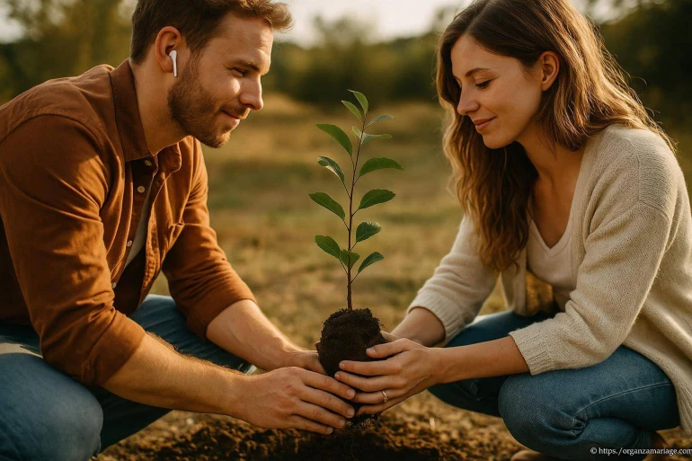 Couple plantant un jeune arbre ensemble