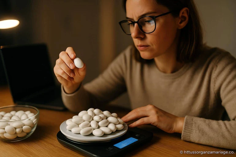Femme pesant dragées blanches