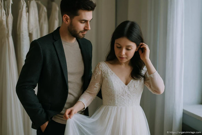 Couple essayant une robe de mariée