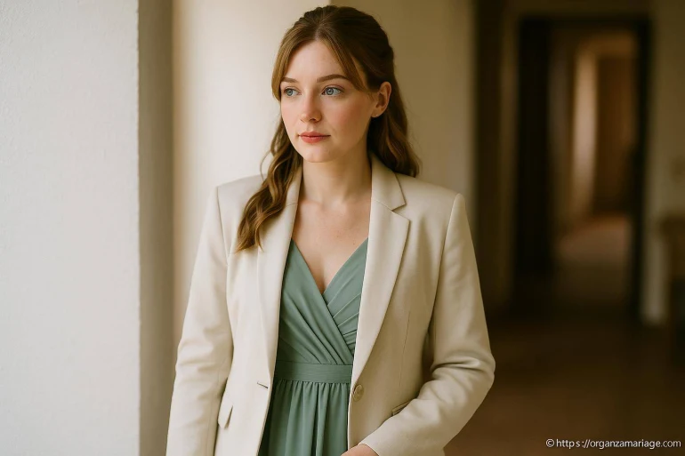 Femme élégante en robe verte et blazer beige
