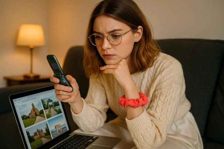 Femme réfléchie utilisant téléphone portable