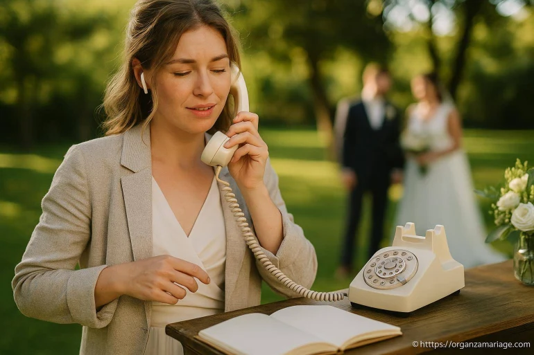 Femme au téléphone vintage lors d un mariage