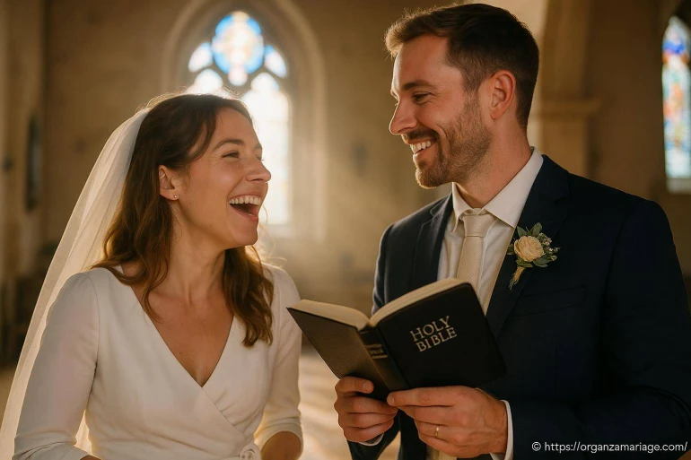 Couple de mariés souriants avec bible