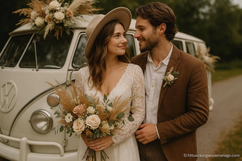 Couple de mariés vintage avec bouquet