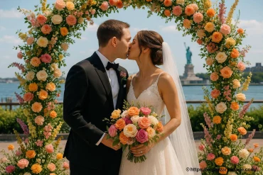 Un mariage d'été floral à brooklyn avec vue sur la statue de la liberté