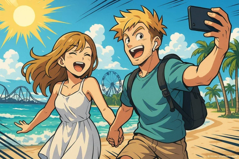 Couple anime plage selfie soleil
