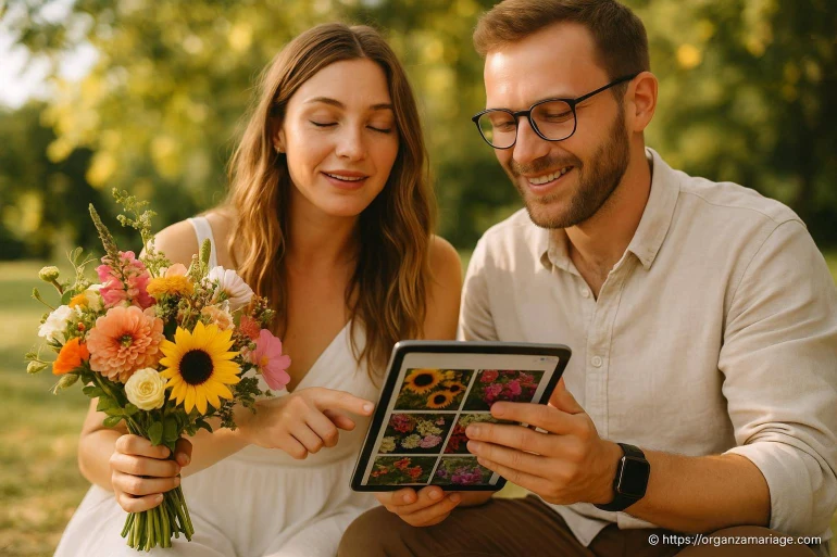 Couple choisissant des fleurs sur tablette