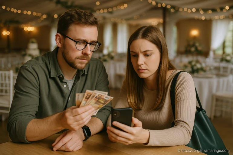 Couple inquiet calculant argent et regardant téléphone