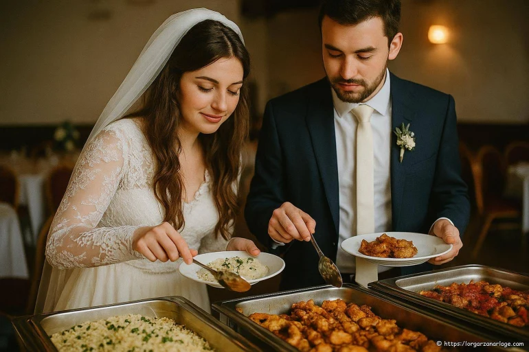 Mariés se servant au buffet de mariage