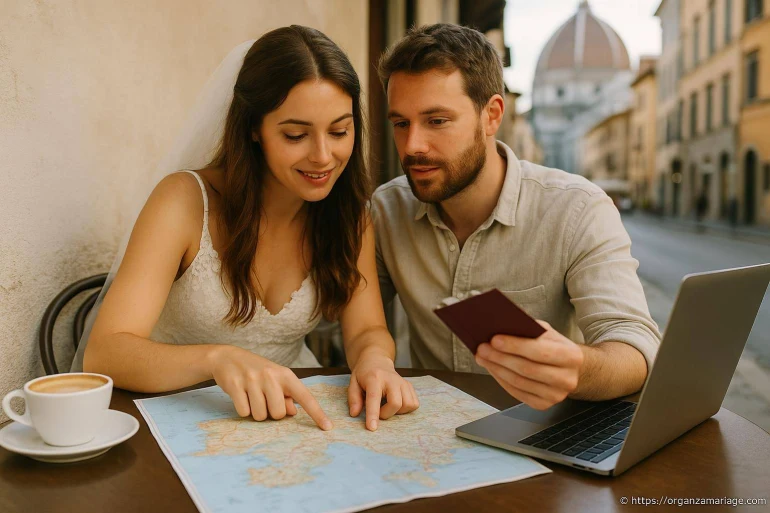 Couple préparant voyage avec carte et passeports