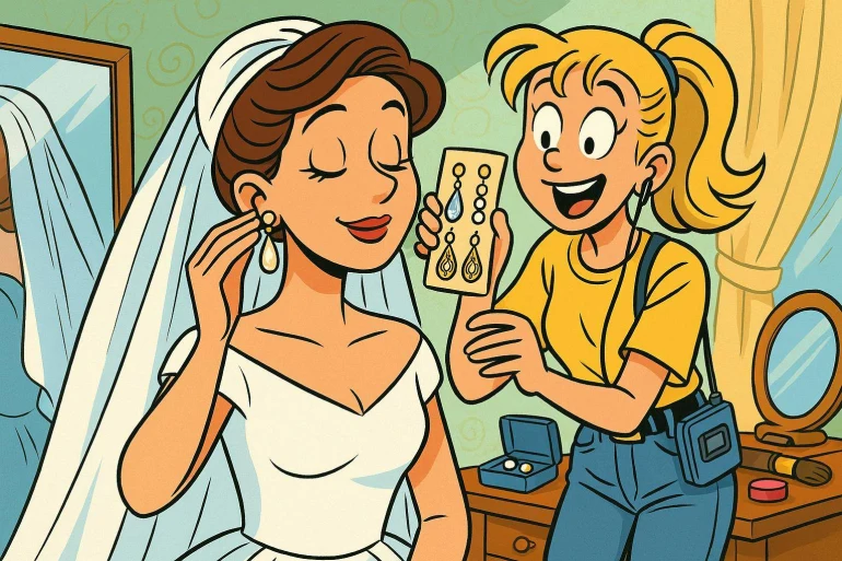 Femme en robe de mariée essayant des boucles doreilles