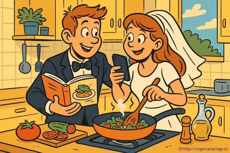Couple marié cuisine ensemble joyeux