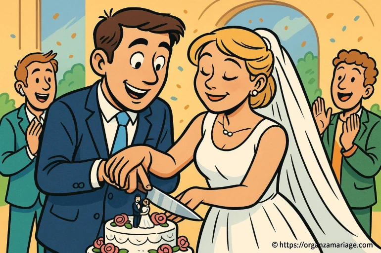 Couple marié coupant gâteau mariage