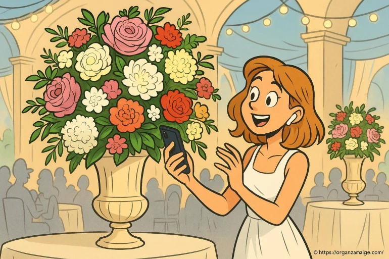 Femme heureuse prenant photo bouquet fleurs