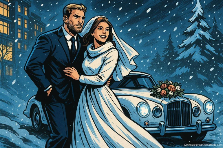Couple marié vintage sous la neige