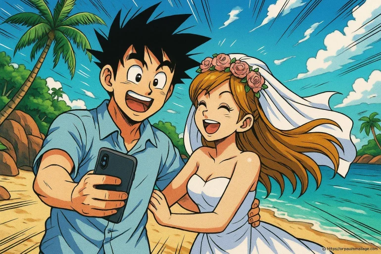 Couple animé mariage selfie plage